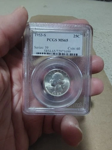 1953-S Washington Quarter PCGS MS65 Blue Insert With Series And Coin Numbers