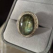 Genuine Green Fire Labradorite 925 Sterling Silver Ring Gemstone VTG Ring Size 8