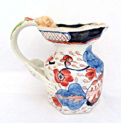 Antique C 1815 Gaudy Welsh England Ironstone Pitcher Jug ~ Hydra Dragon Handle