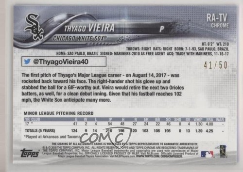 2018 Topps Chrome Rookie Auto Gold Refractor /50 Thyago Vieira #RA-TV Auto - Zdjęcie 2 z 3