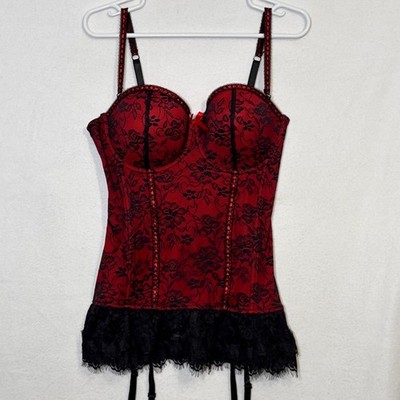 Baci Lingerie Red Black Lace Corset Chemise Womens 1X/2X with Thong NWT