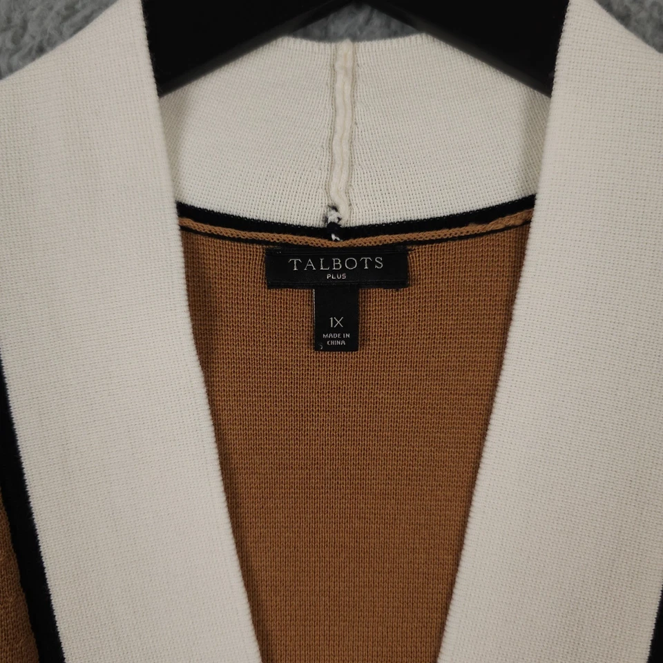 Suéter Cárdigan Talbots Plus Para Mujer 1X Marrón Crema Negro Borde Frente Abierto Tejido Foto 3 de 4
