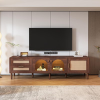 TV Stand !SALE! Walnut TV Unit Rattan Curved Glass Doors 2 Drawers Storage Cabin