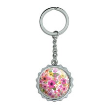 Vivid Flowers Keychain Chrome Plated Metal Pop Cap Bottle Opener