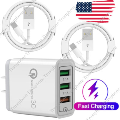 USB Fast Charger Cable Cord QC3.0 3 Port Fast Wall Charger For iPhone 13 14 Lot