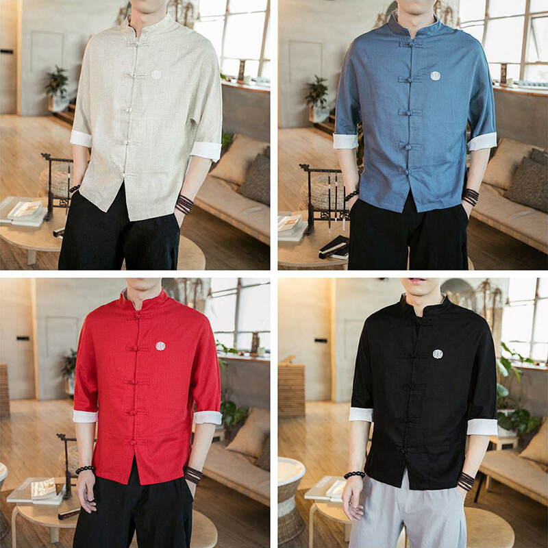 Men Linen 3/4 Sleeve Shirt Tops Mandarin Collar Blouse Chinese