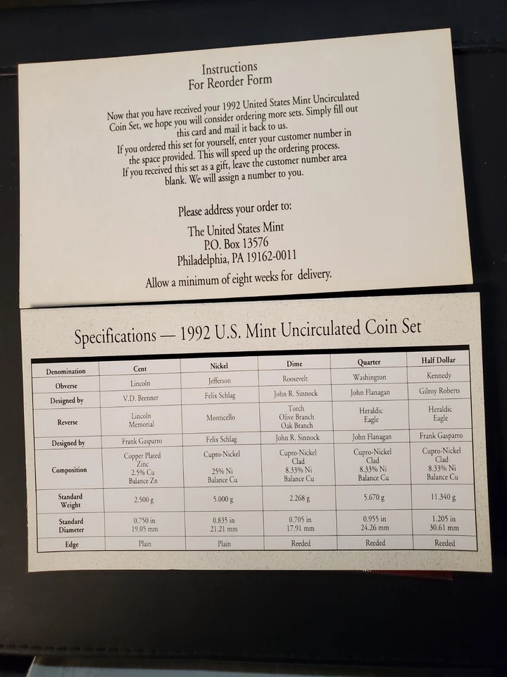 1992 US Mint 10 Coin Uncirculated Set Complete Philadelphia & Denver OGP & COA - Image 4 of 4