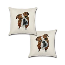 Set of 2 Pillow Covers 18x18, Bulldog Cotton Linen Fabric Pet Portrait Décor