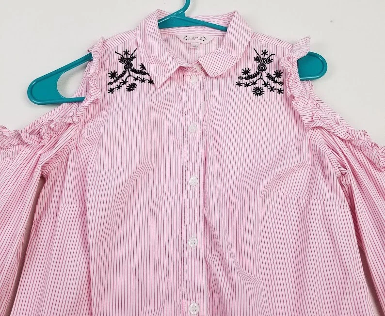 Nanette Lepore 纽扣衬衫女式小号粉色黑色条纹花卉长袖 — 第 2/4 张图片