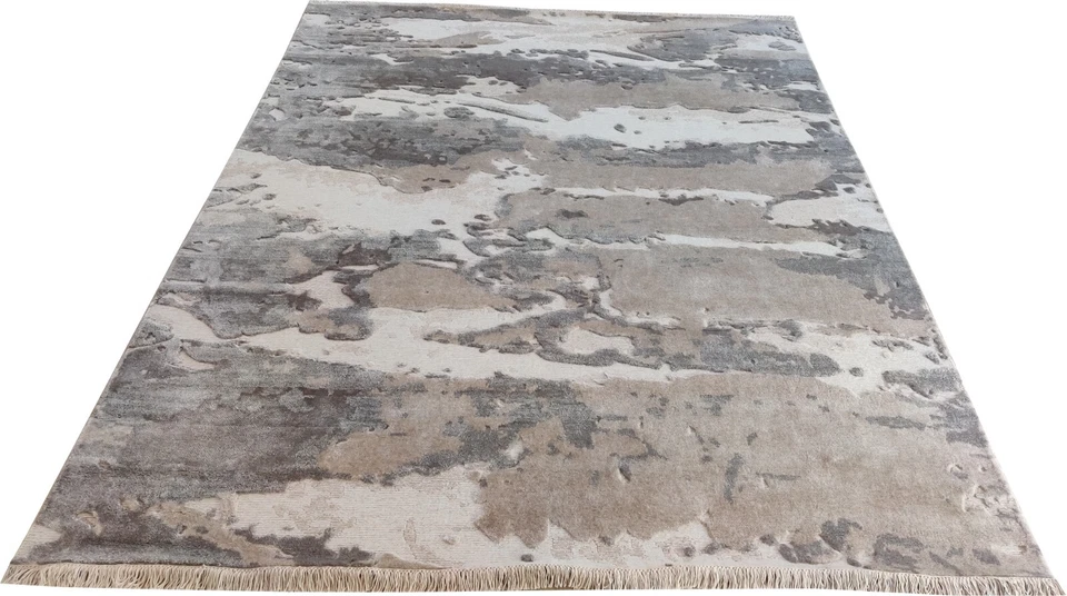 100% Wool 8 x 10 Hand-Woven Knotted Area Rug Large Grey Beige Ocean Modern - Image 4 of 4