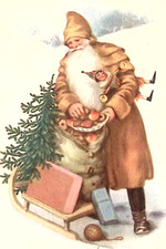 Santa Brown Suit Holds Cookies Sled Tree Toys in Snow POLISH Christmas Postcard
