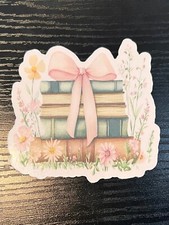 Books and Spring Flowers Pink Bow Cottage Core - Handmade Die Cut Stickers