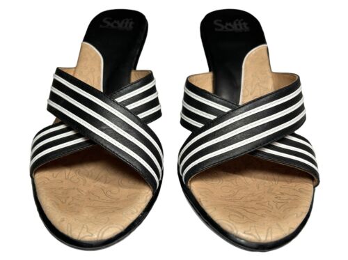 SOFFT Slip On Sandal SIZE 9.5 Black White Stripe Leather Kitten Heel Open Toe - Picture 4 of 11