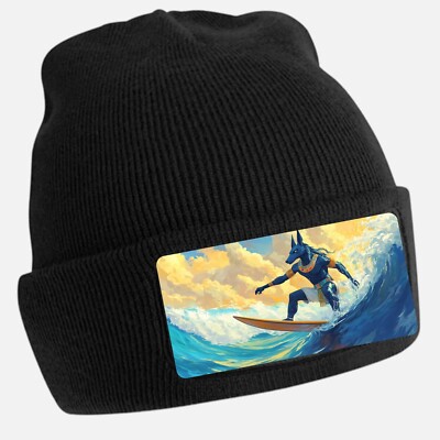 Black Beanie Hat with Cool Anubis Surft Motif - Unisex Cap, Cotton