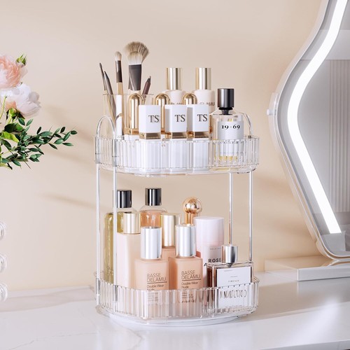 Organizzatore Trucco Rotante 360°, Scaffale Porta Cosmetici 2 Livelli Grande Capacità - Foto 8 di 10