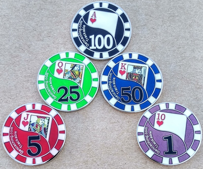 Royal Flush Poker Chip Geocoins - Full Set of 5 - Activated & Adoptable