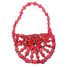 Vintage Handmade Safety Pin Red Berry Bead Basket Decor