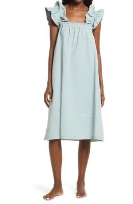 Open Edit Ruffle Sleeve seersucker Nightgown medium teal mist dress Cottagecore