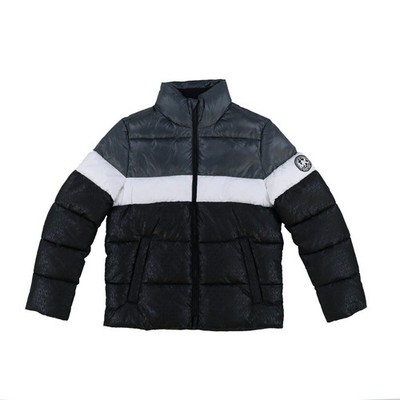 Michael Kors Mens Coat Puffer Jacket Colorblock Logo Full Zip Pockets Slate New