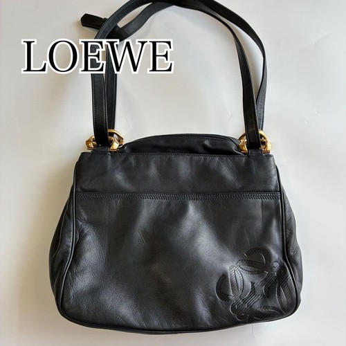 LOEWE Anagram Nappa Leather Shoulder Bag Vintage Navy Blue Authentic