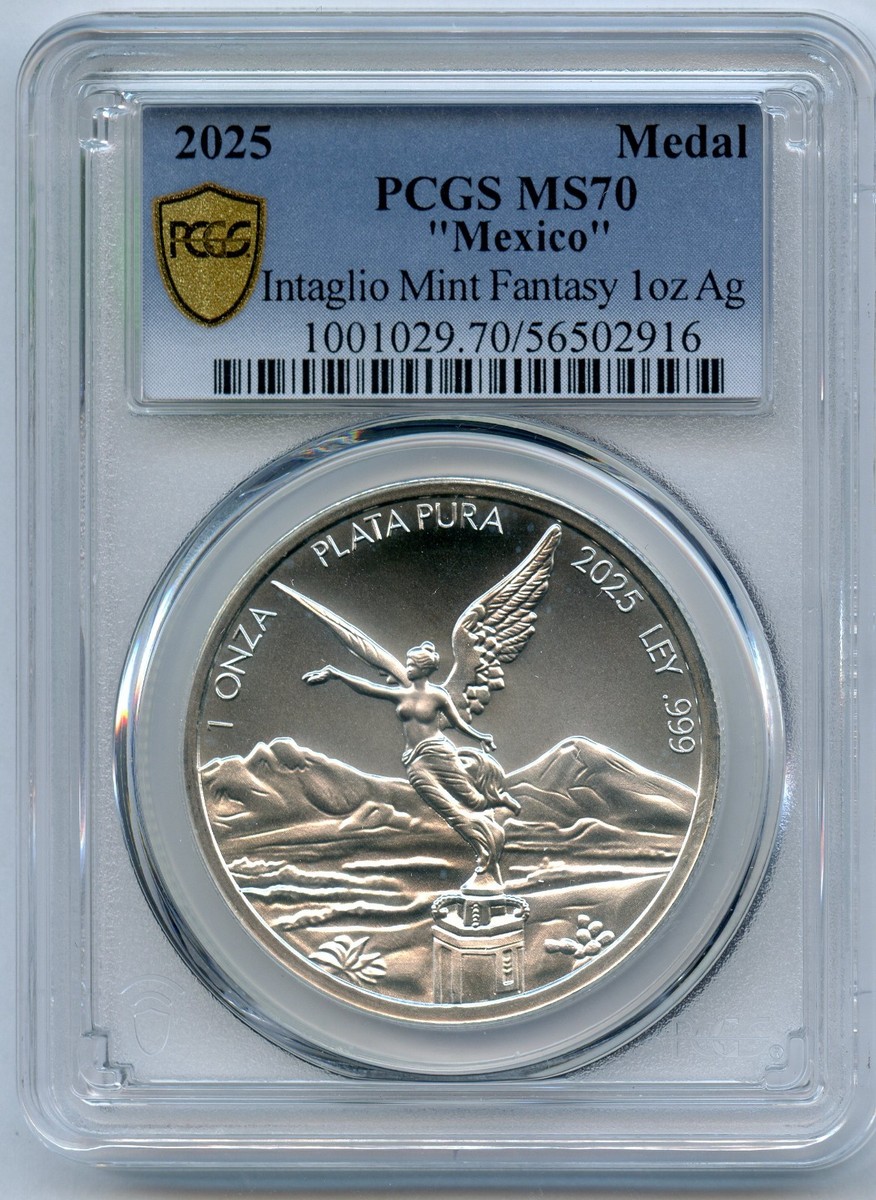 2025 Mexico Libertad Onza Medal Round 1 Oz Silver Plata PCGS MS70