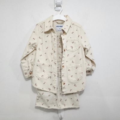 Old Navy Denim Twill Workwear Jacket Jumper Dress Set 3T Toddler Cream Floral