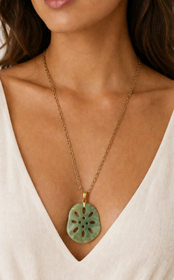Andrew Marc / Roost Lotus Root Pendant Necklace   Carved Green Jade Slice on 30''