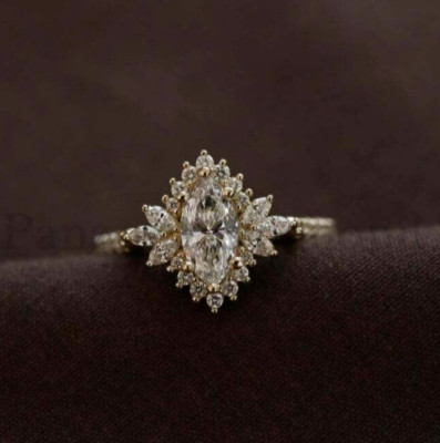 1.50 Carat Marquise Cut Moissanite Halo Engagement Ring Vintage Cluster Ring Her
