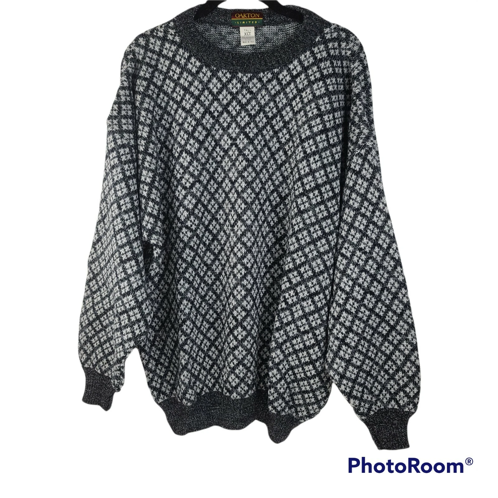 NWOT Oakton Crewneck Sweater Men's XLT Black White Print Vintage Wool Blend New
