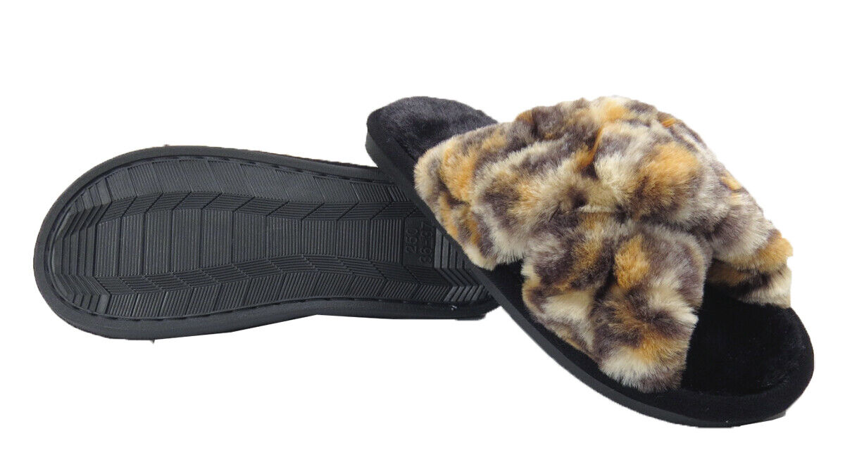 Ladies Fluffy Slippers Womens Faux Fur Open Toe Cross Over Girl Mules Shoes Size - Picture 50 of 68