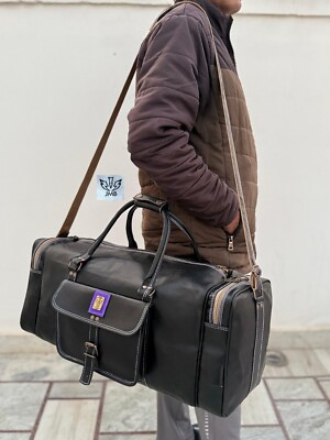 Large BLACK Duffle Men Genuine Leather Travel Luggage Gym Weekend Overnight Bag