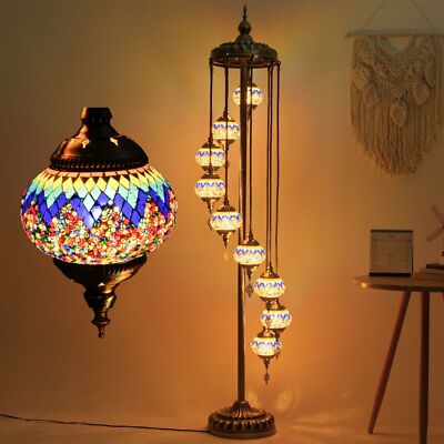 Turkish Mosaic Lamp with 9 Globes, 74in Tall Floor Standing Light