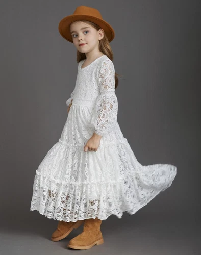 Girls Lace Long Sleeve Pink Dress Baby Kids Bohemia Princess Party Costumes - Picture 15 of 28