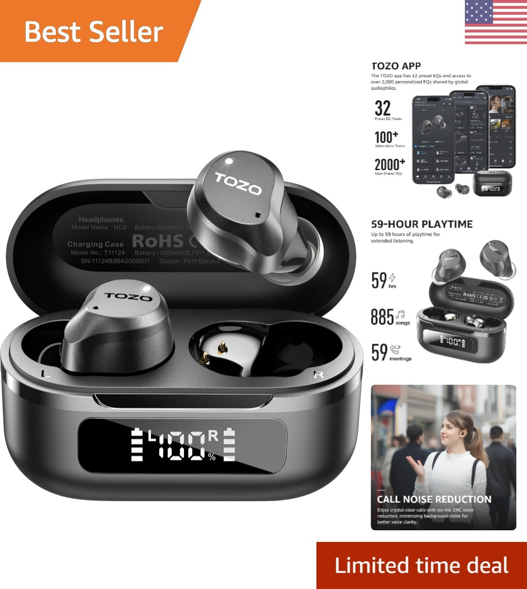 Bluetooth 5.3 Hybrid Noise Cancelling Earbuds with app-controlled 32 EQ Settings