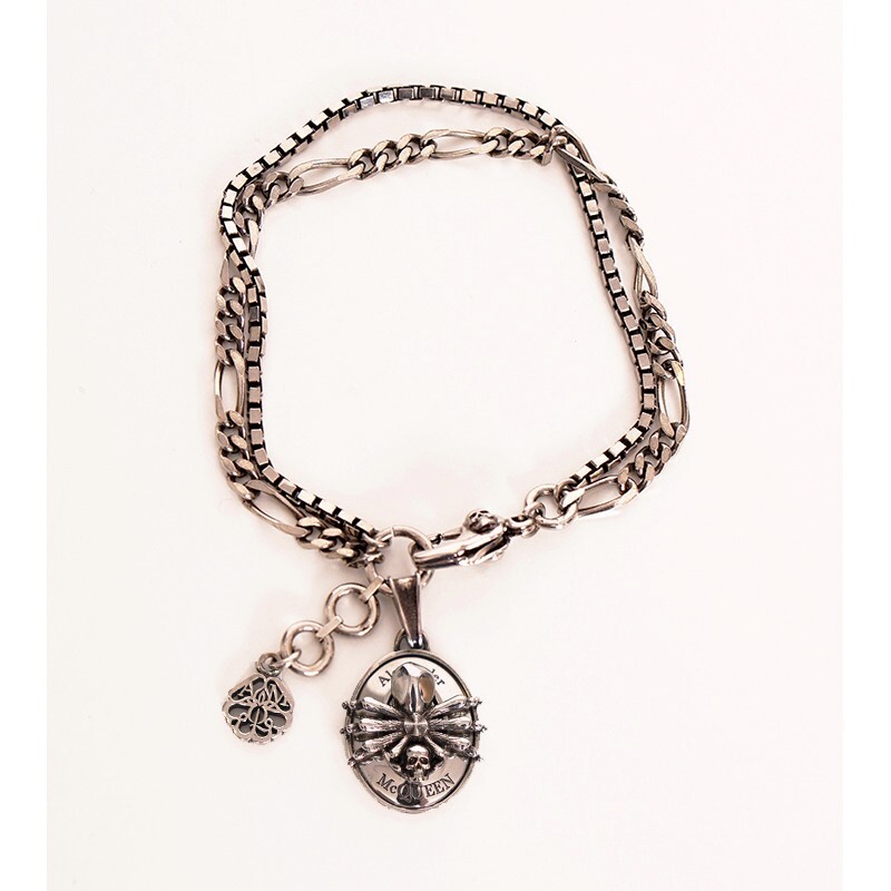 NEW $520 ALEXANDER MCQUEEN Silver Tone Brass SPIDER SKULL Double