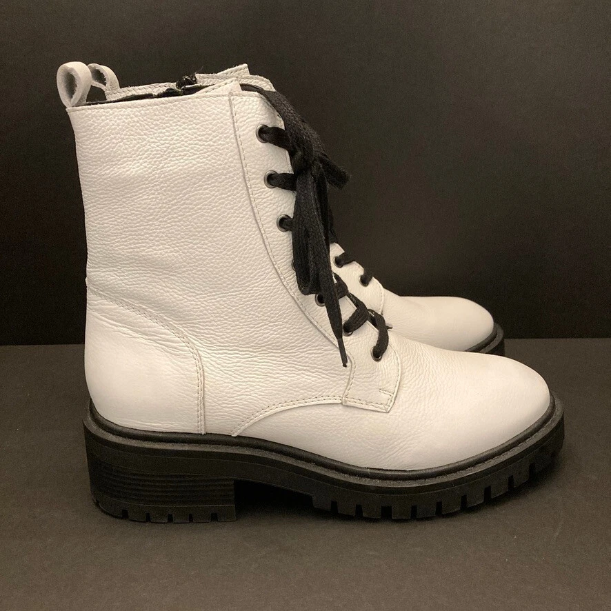 Bota de Combate Crown Vintage Cuero Blanco Mujer 10 M Cremallera Lateral Con Cordones Foto 3 de 4