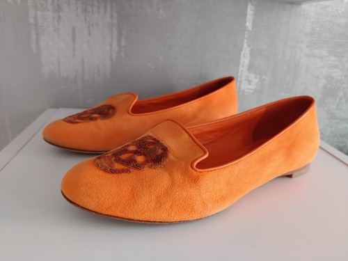 Alexander McQueen Orange Suede Ballet Flats Sequin Skulls Shoes Slippers Loafers - Picture 5 of 17