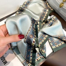 100% Silk Long Scarf Women Vintage Light Green Geometric Neckerchief 150*15cm