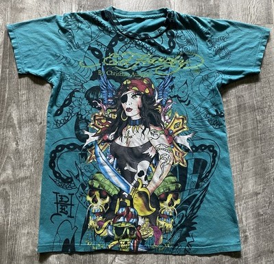 Vintage Y2K Ed Hardy Christian Audigier Pirate Shirt Double Sided Skulls Mens