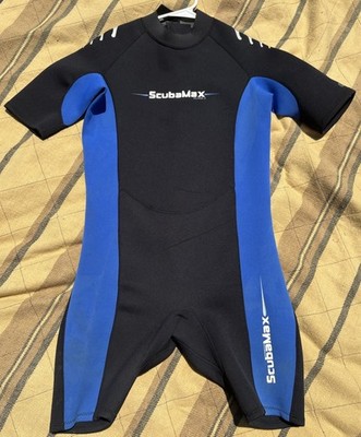 Scubamax Size XL One Piece Wet/ Dry Suit Black Blue Short Sleeve Zip Up
