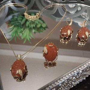 Authentic Turkish 24k Gold Plated Sparkling Brown Goldstone Necklace, Ring & Earrings Set.