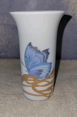 Rosenthal Butterfly Porcelain Vase Blue w/Gold Gilt, Hand Painted Germany 4''