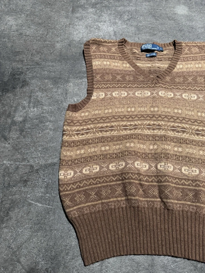 Vintage Polo Ralph Lauren Fair Isle Cashmere Knit Sweater Vest Size Large Brown - Image 2 of 4