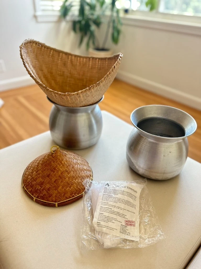 Thai Sticky Rice Steamer Cooker Kit: 2 Aluminum Pot + Bamboo Basket + Lid