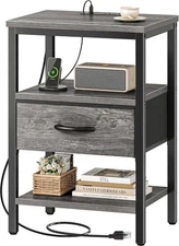 SUPERJARE Nightstand with Charging Station, M (11.8D x 15.7W x 23.4H), Grey 