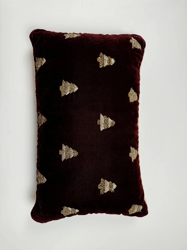34 y Pino Árbol de Navidad Almohada Cuentas Terciopelo Lumbar Borgoña Dorado 14x22 Foto 2 de 4