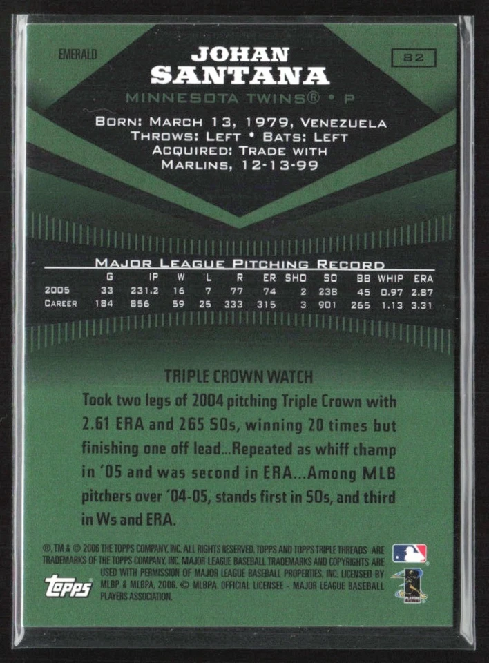 Johan Santana 2006 Topps Triple Threads Emerald Green /99 #82 Minnesota Twins - Image 2 of 2