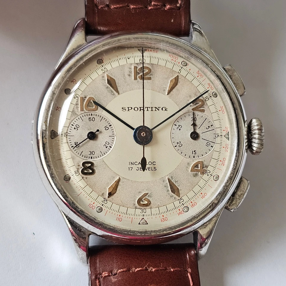SPORTING-CRONO-MANUALE-ARGENTO 0,800-BITONALE-RUOTA A COLONNE-VALJOUX 22-RARO - Immagine 3 di 4