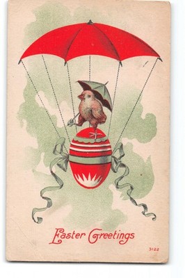 Antique Easter Greetings Postcard Bird on Egg Parachute Umbrella Divided Back
