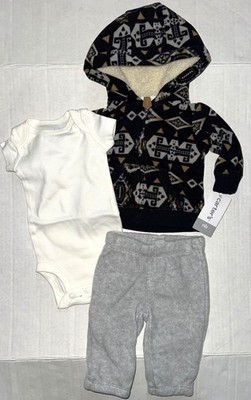 CARTERS 3 pc fleece set white/navy/gray GEOMETRIC motif size NEWBORN